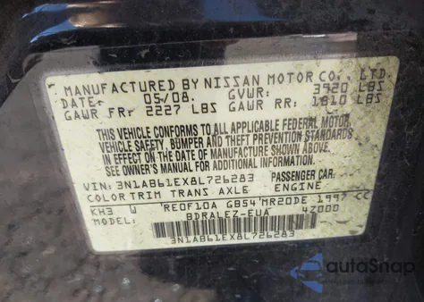 2008 Nissan Sentra 2.0S z USA, uszkodzony, nr VIN 3N1AB61EX8L726283